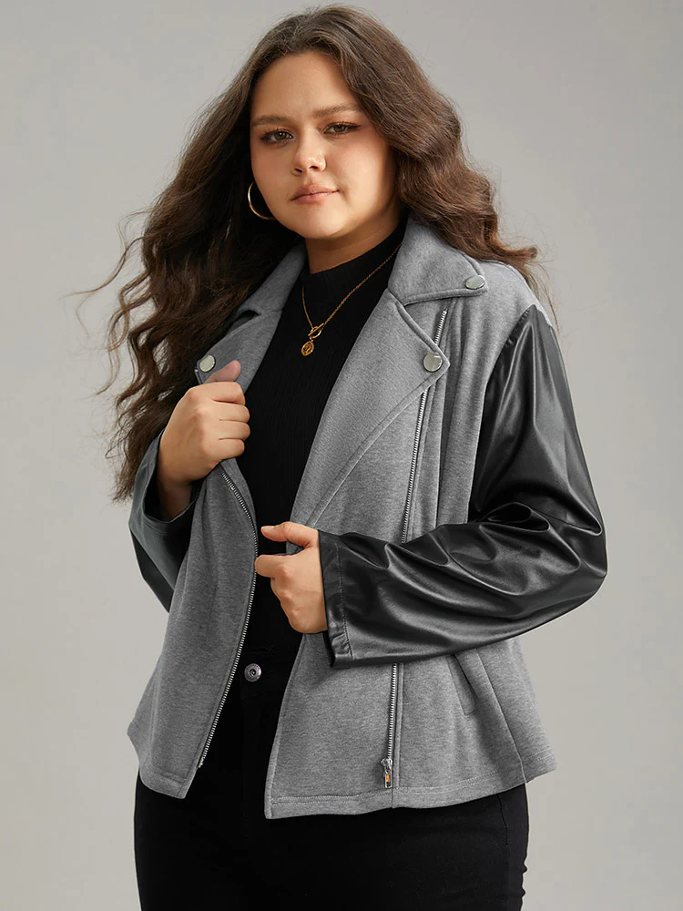 PU Leather Zipper Contrast Button Detail Jacket - Image 3