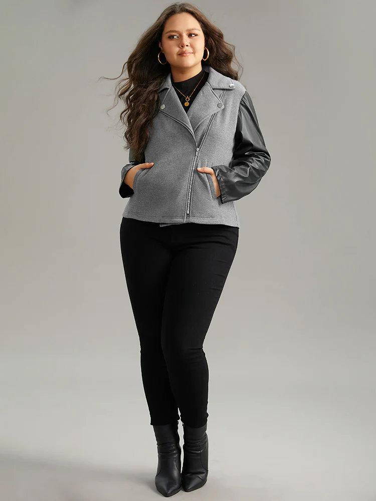 PU Leather Zipper Contrast Button Detail Jacket - Image 5