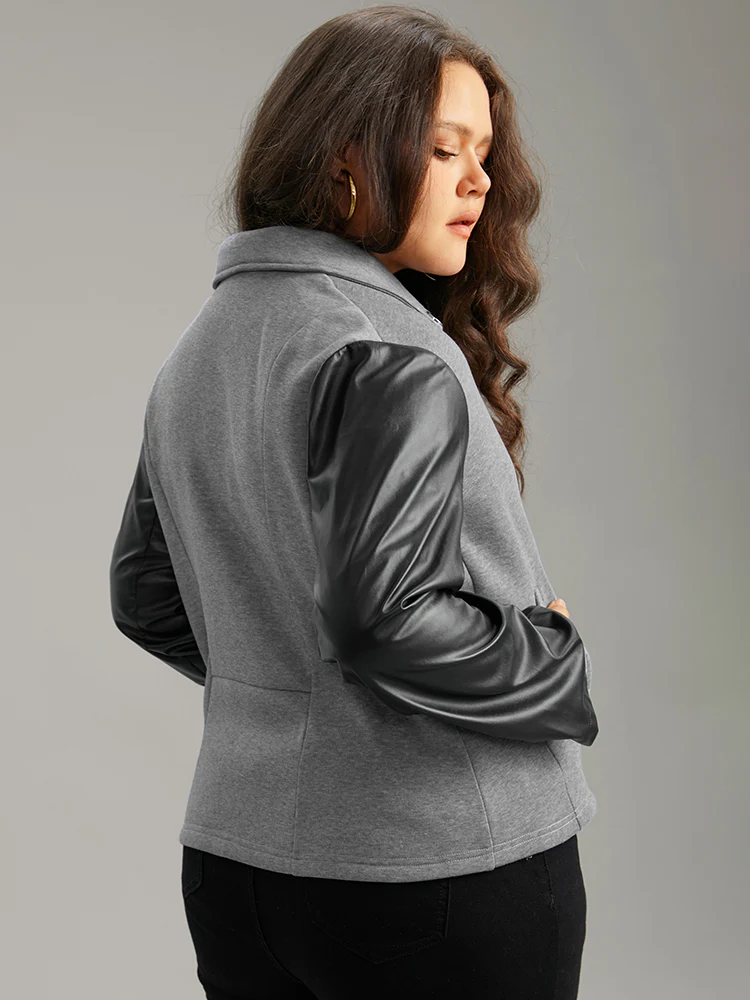 PU Leather Zipper Contrast Button Detail Jacket - Image 6