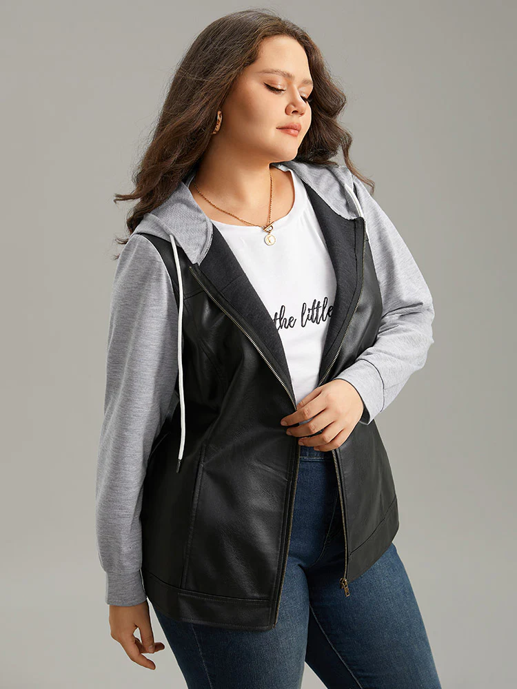 PU Leather Zipper Hooded Drawstring Jacket - Image 2