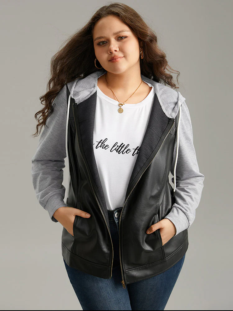 PU Leather Zipper Hooded Drawstring Jacket - Image 3