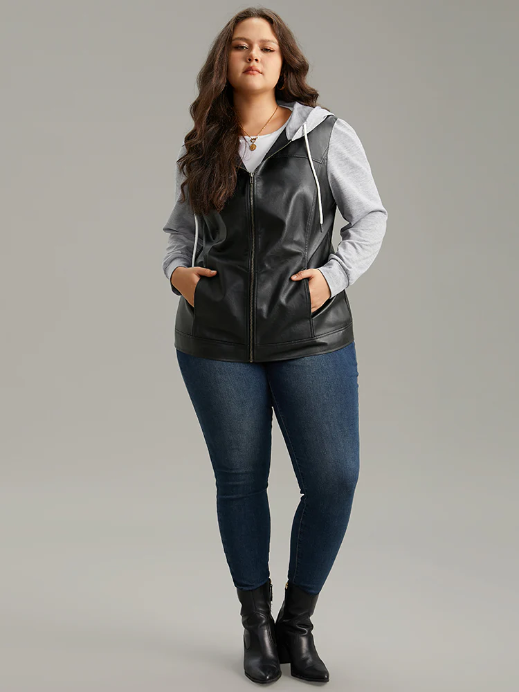 PU Leather Zipper Hooded Drawstring Jacket - Image 4