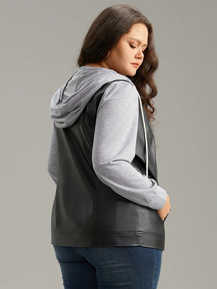 PU Leather Zipper Hooded Drawstring Jacket - Image 5