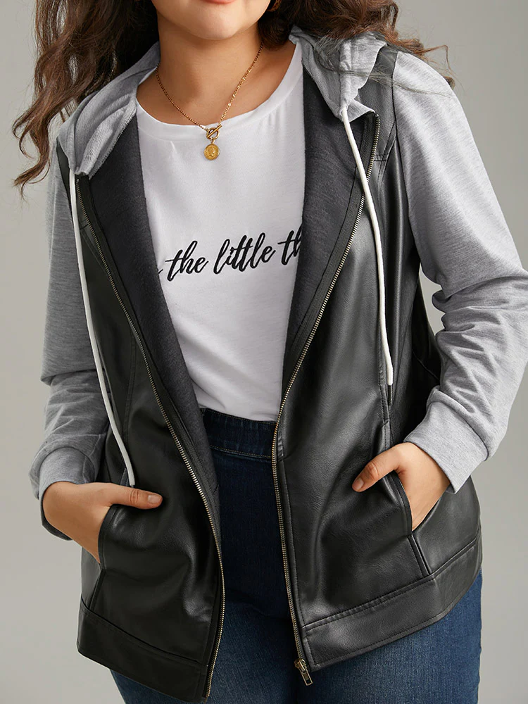 PU Leather Zipper Hooded Drawstring Jacket - Image 6