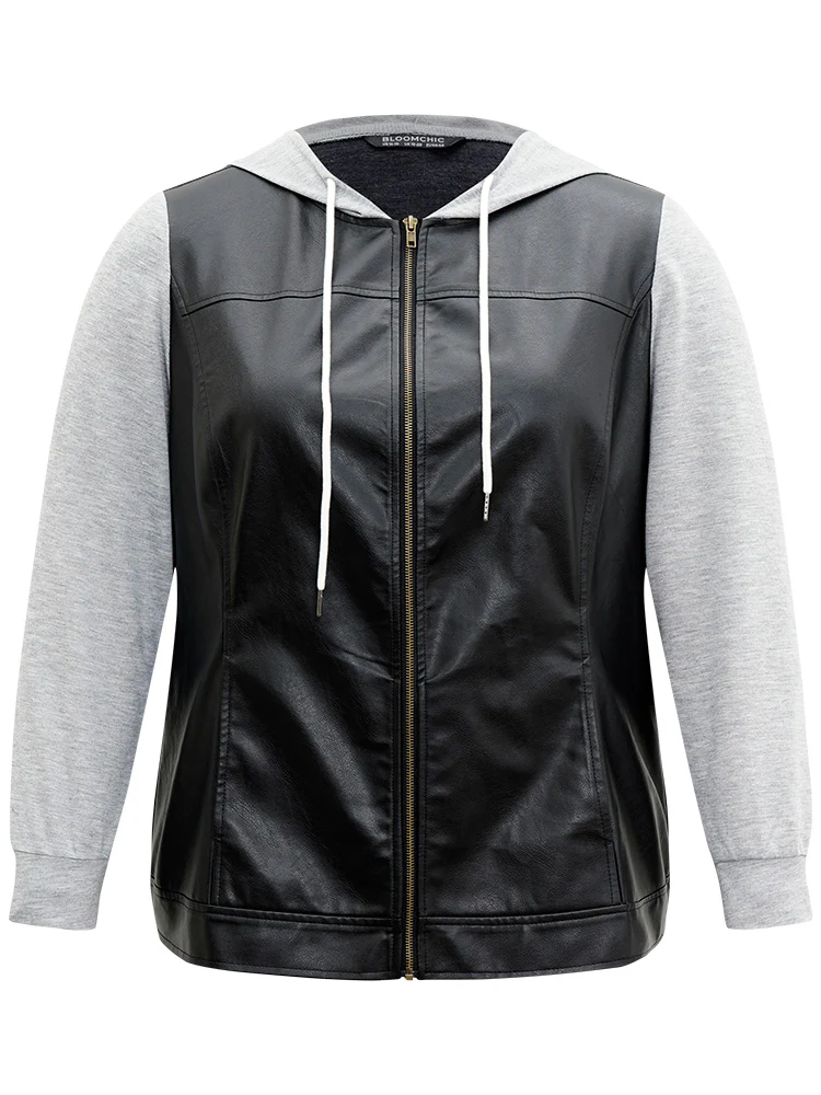 PU Leather Zipper Hooded Drawstring Jacket - Image 7