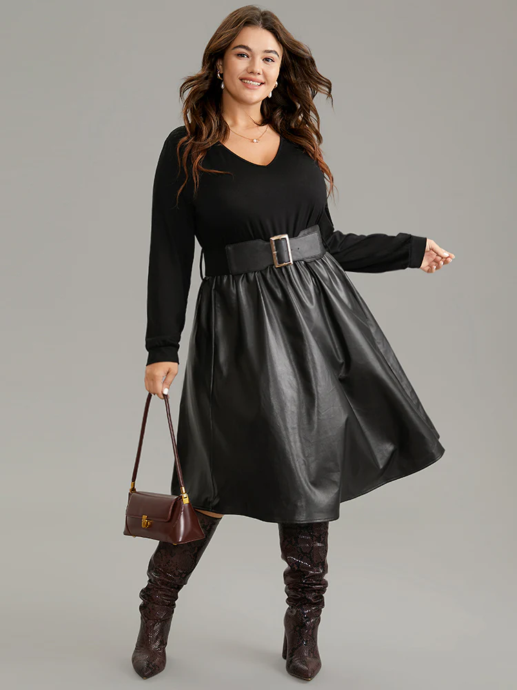 PU Patchwork V Neck Dress With Belt
