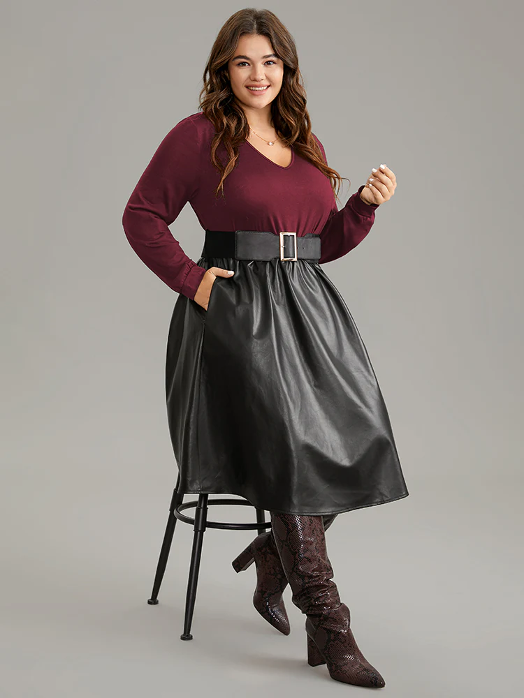 PU Patchwork V Neck Dress With Belt - Image 10