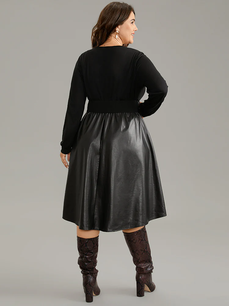 PU Patchwork V Neck Dress With Belt - Image 2