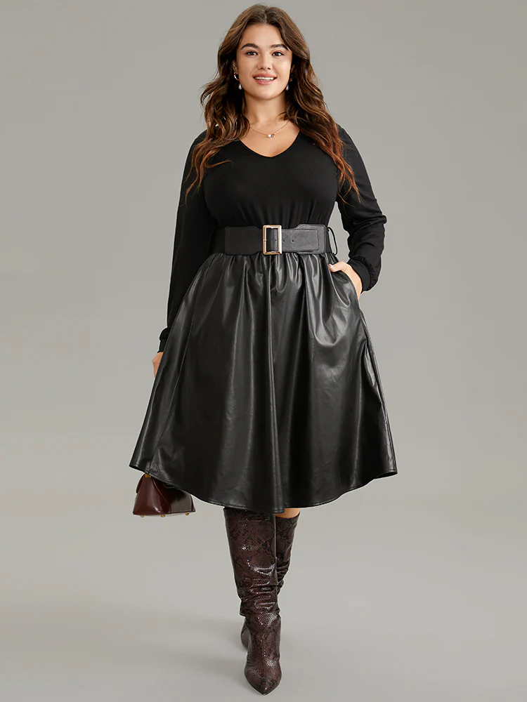 PU Patchwork V Neck Dress With Belt - Image 3