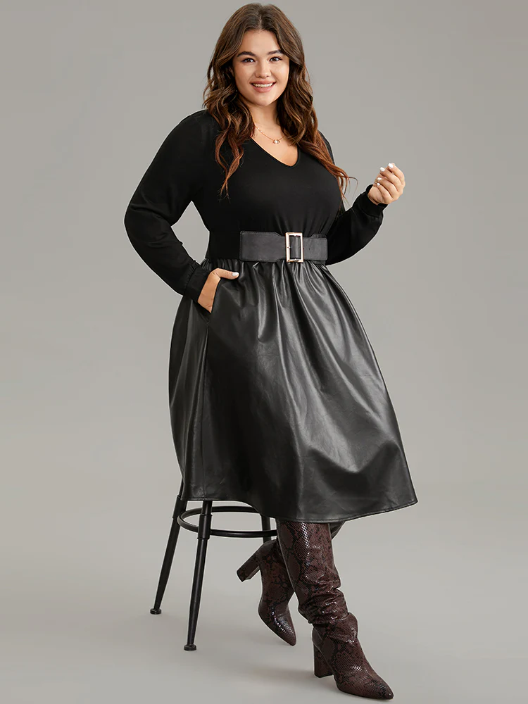 PU Patchwork V Neck Dress With Belt - Image 4