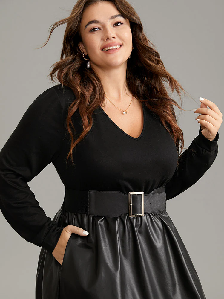 PU Patchwork V Neck Dress With Belt - Image 5