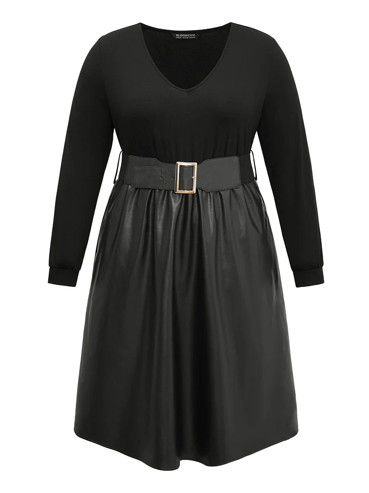 PU Patchwork V Neck Dress With Belt - Image 6