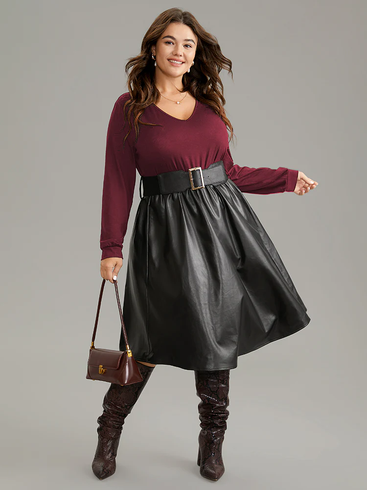 PU Patchwork V Neck Dress With Belt - Image 7