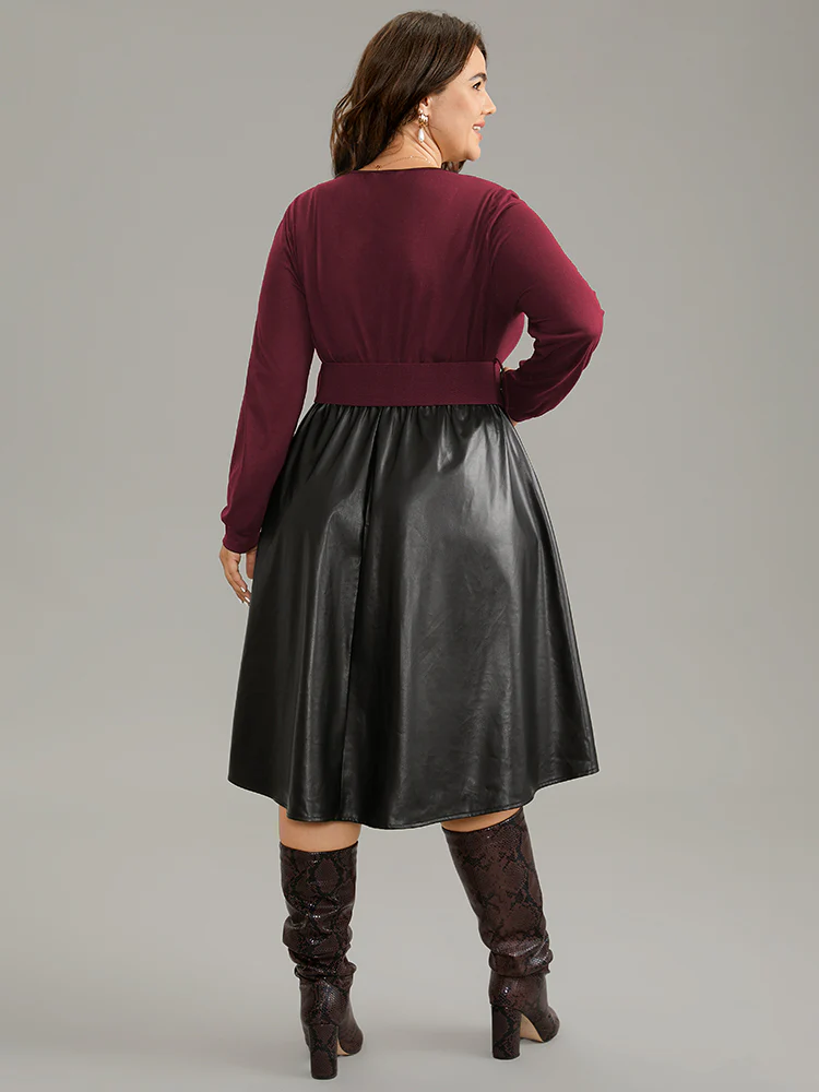 PU Patchwork V Neck Dress With Belt - Image 8