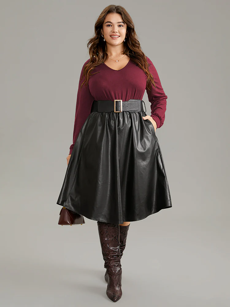PU Patchwork V Neck Dress With Belt - Image 9