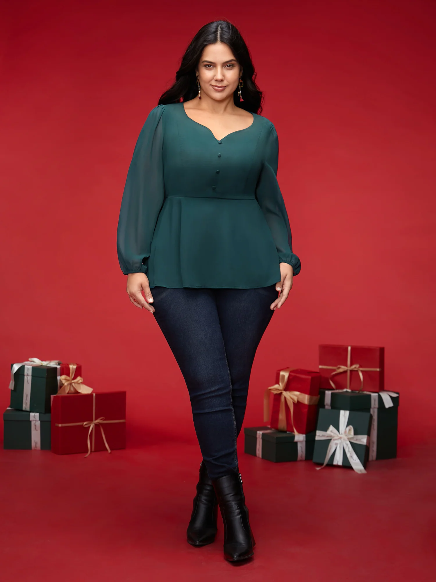 Puff Sleeves Front Placket Chiffon Blouse - Image 2