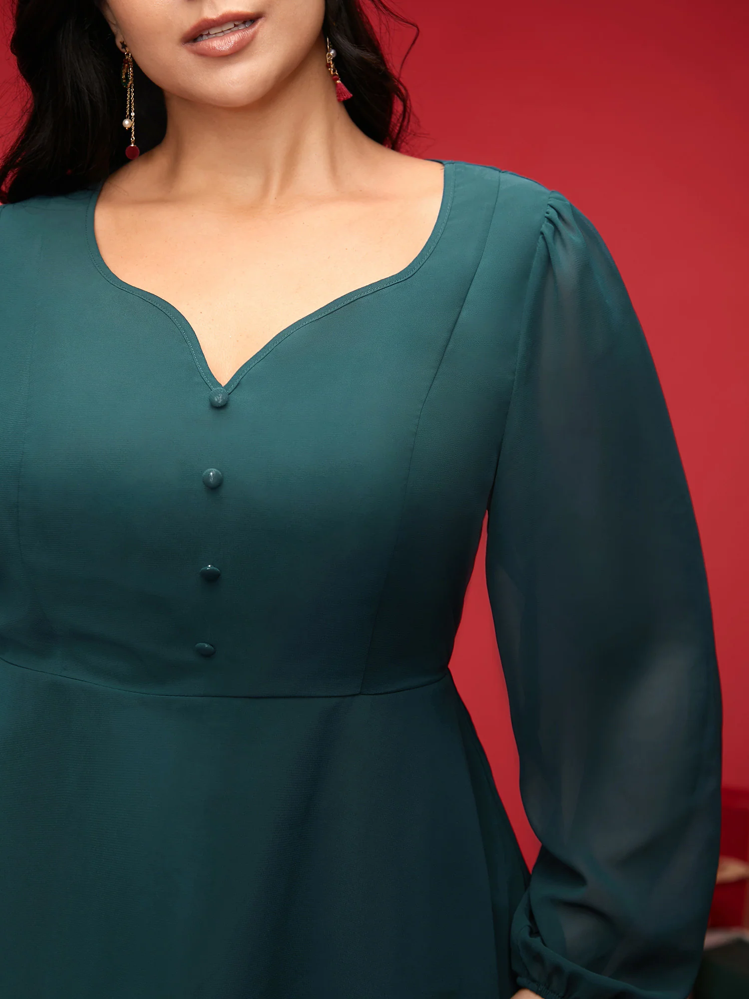 Puff Sleeves Front Placket Chiffon Blouse - Image 3