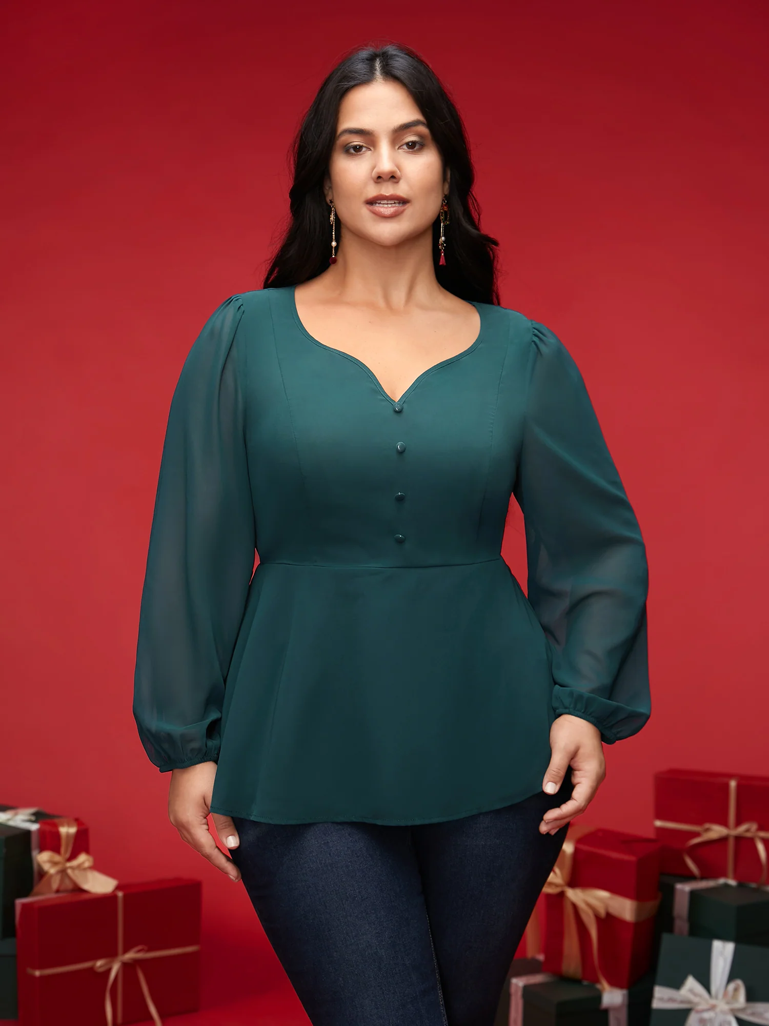 Puff Sleeves Front Placket Chiffon Blouse - Image 4