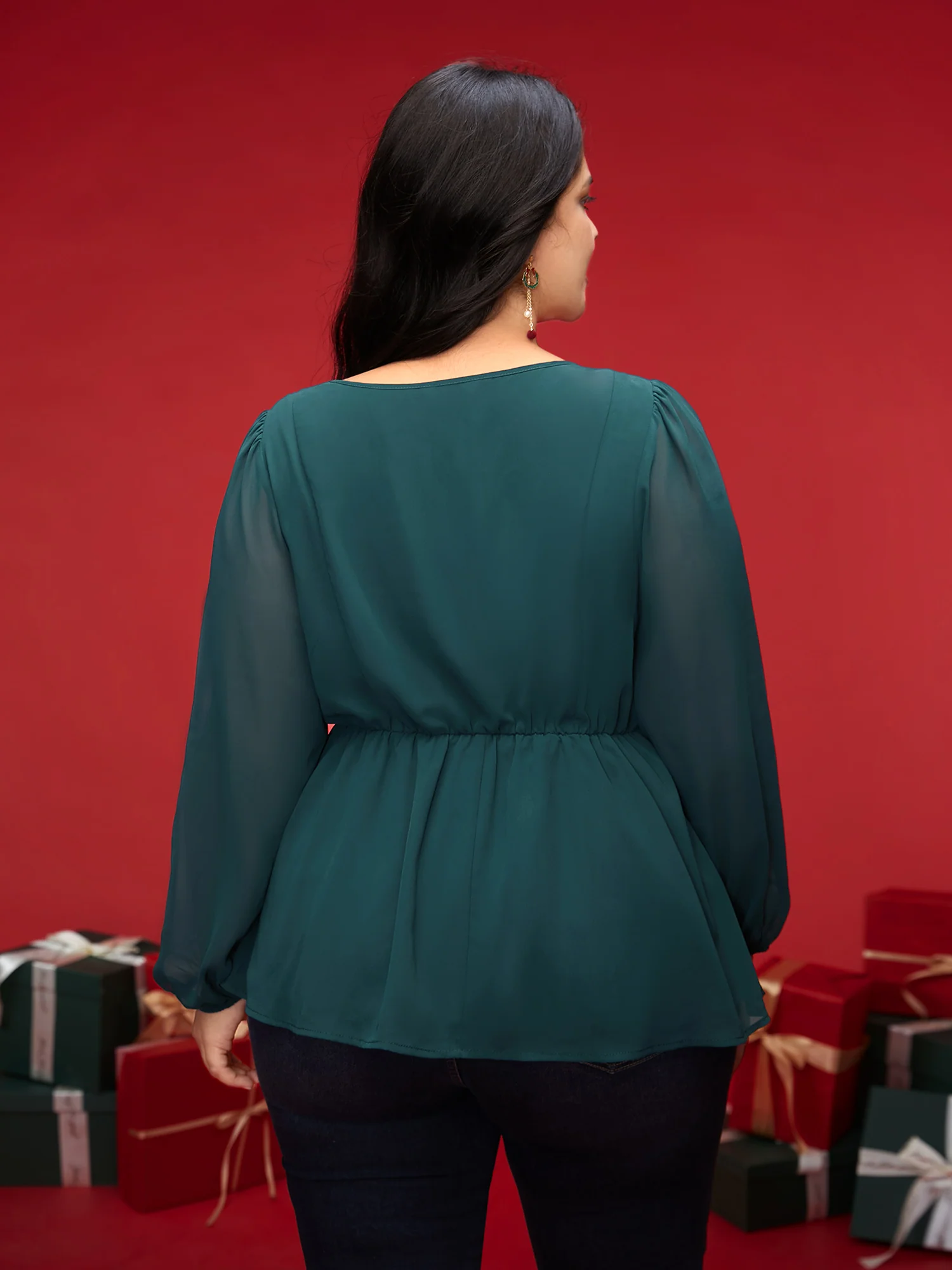 Puff Sleeves Front Placket Chiffon Blouse - Image 5