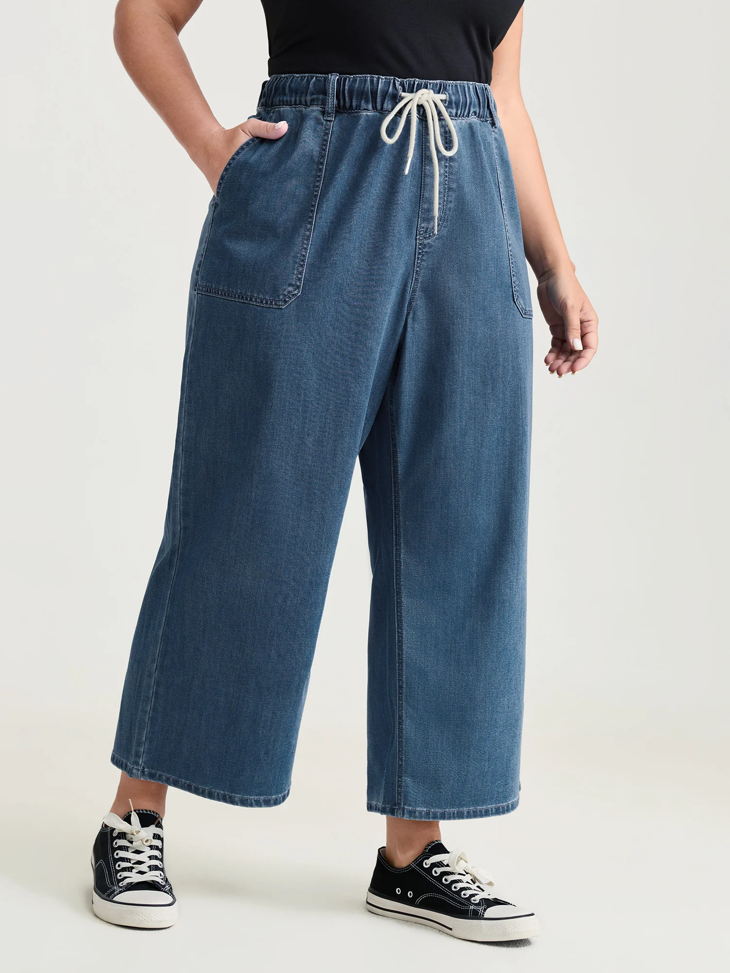 Pull-On Drawstring Elastic Waistband Wide-Leg Jeans - Image 2