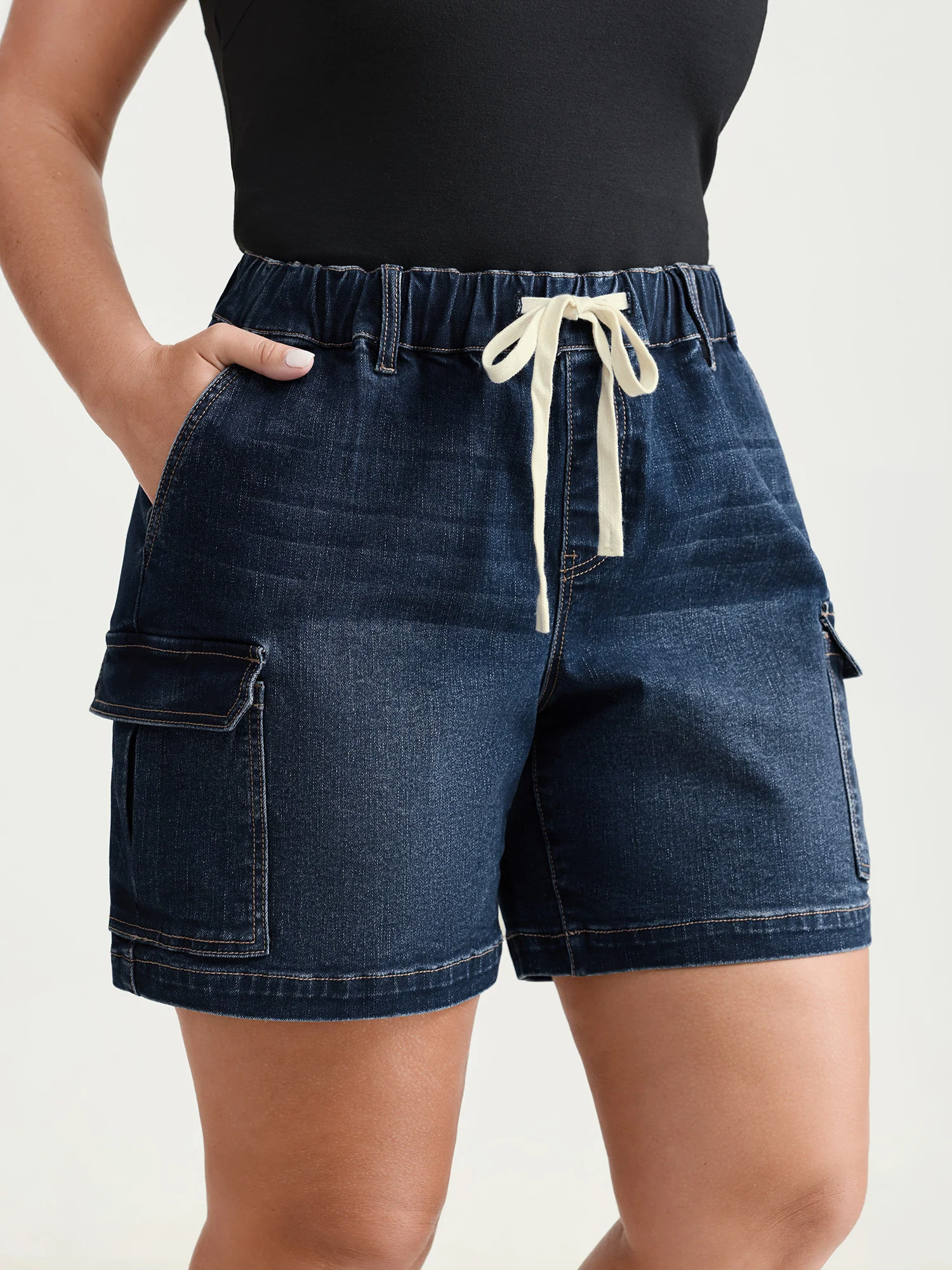 Pull-On Elastic Waistband Cargo Denim Shorts - Image 2