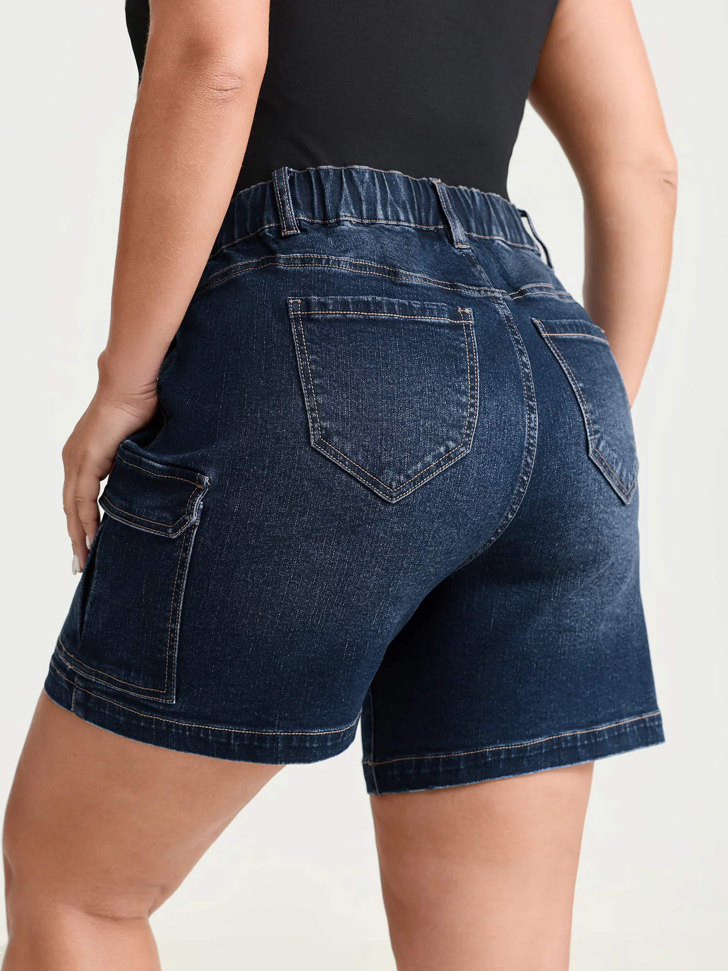 Pull-On Elastic Waistband Cargo Denim Shorts - Image 7