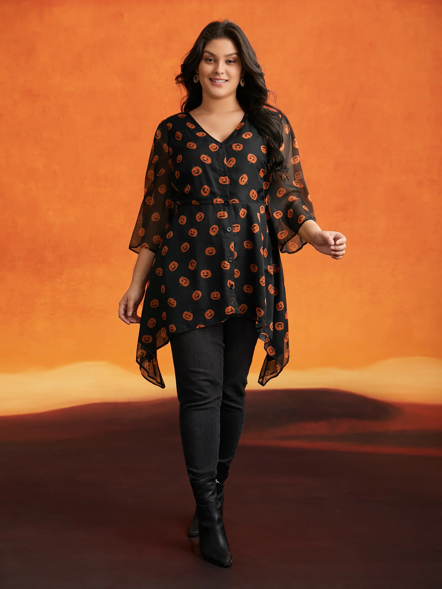 Pumpkin Asymmetrical Hem Mesh Blouse - Image 2