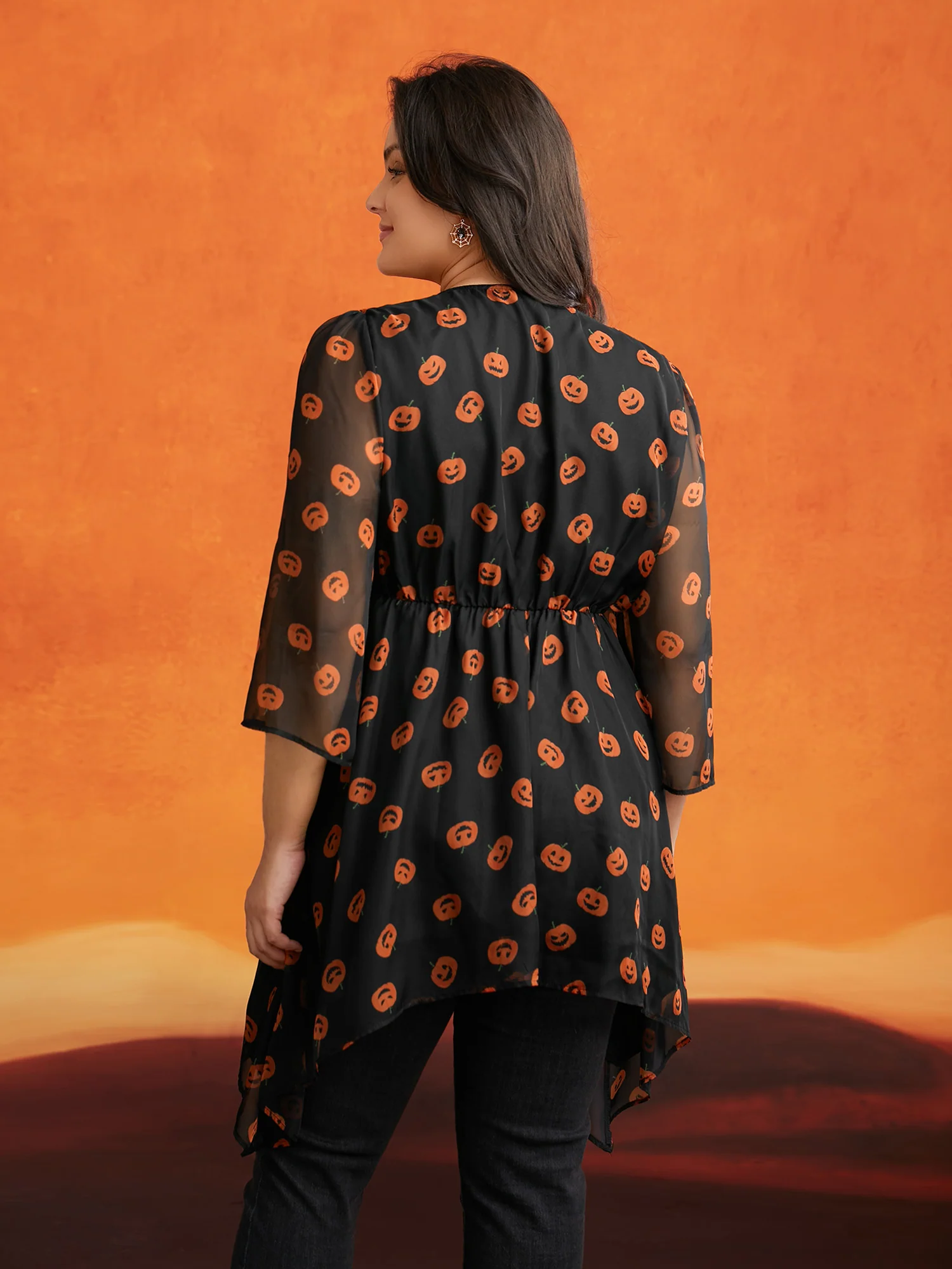 Pumpkin Asymmetrical Hem Mesh Blouse - Image 3