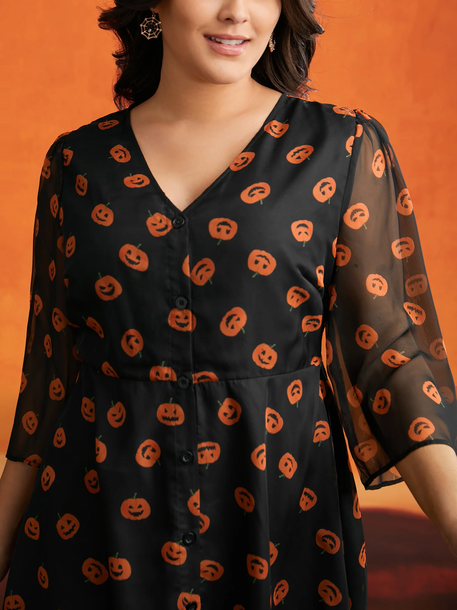 Pumpkin Asymmetrical Hem Mesh Blouse - Image 4