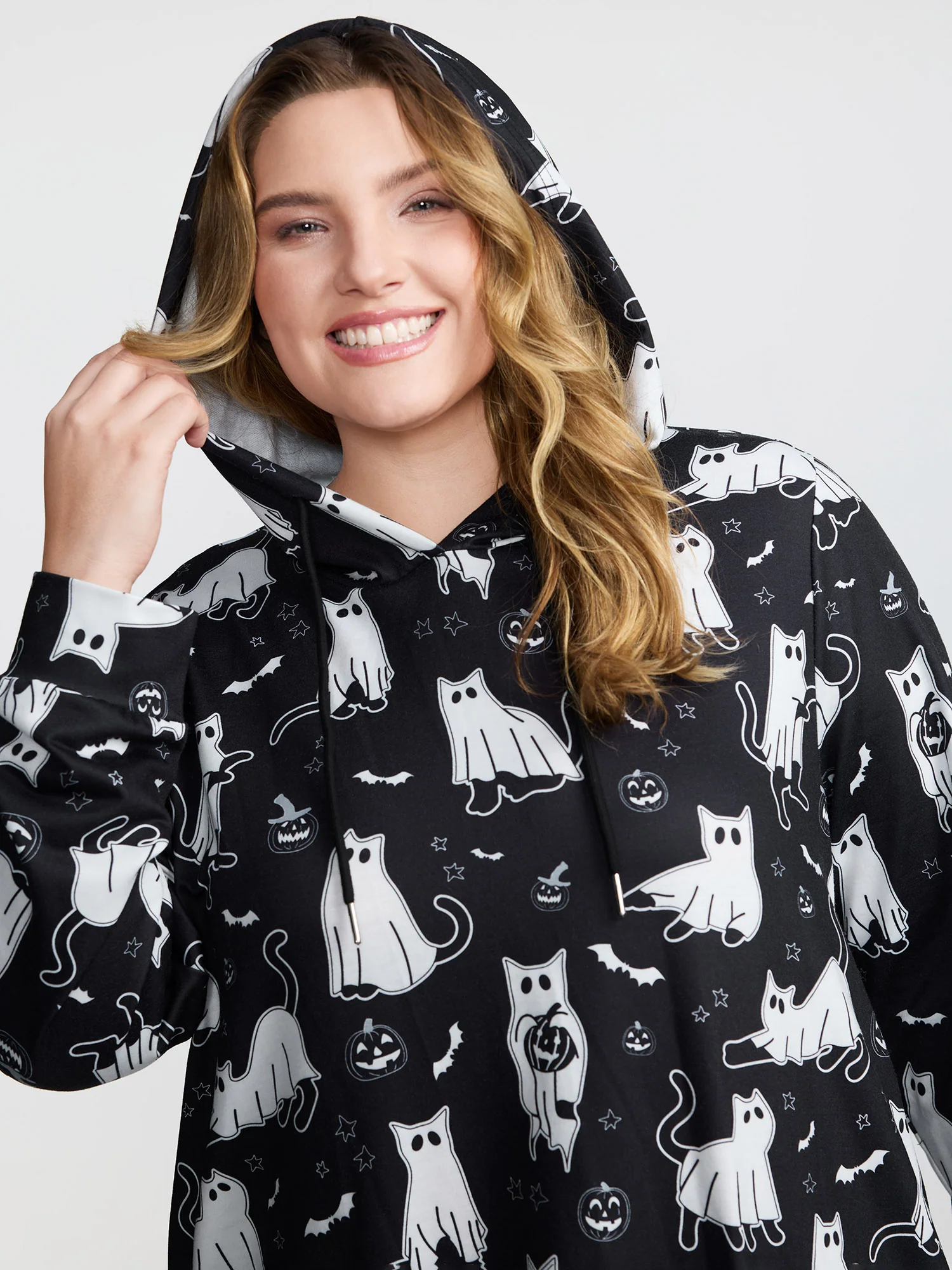 Pumpkin Cat Print Hooded Midi Lounge Dress - Image 10