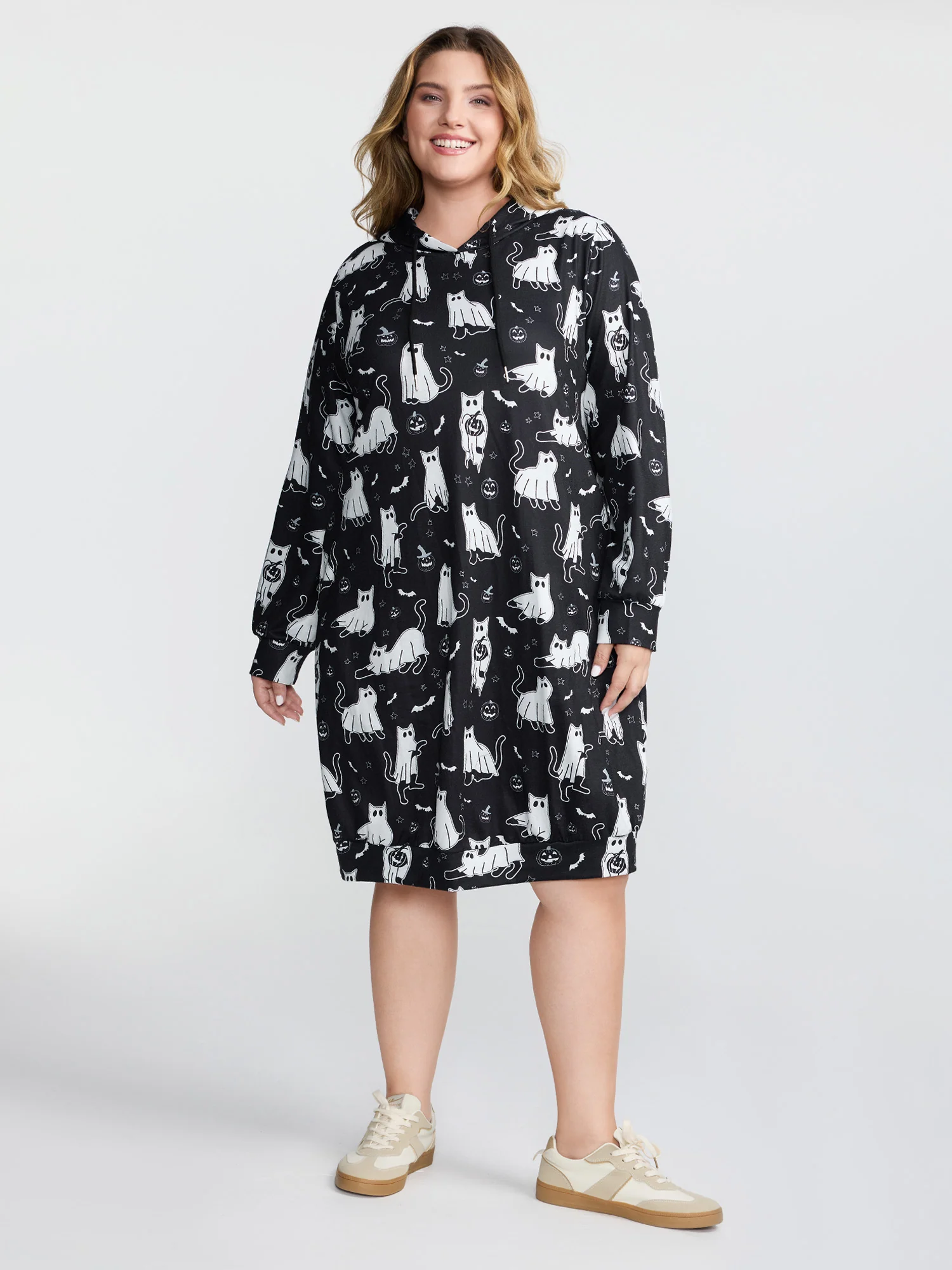 Pumpkin Cat Print Hooded Midi Lounge Dress - Image 11