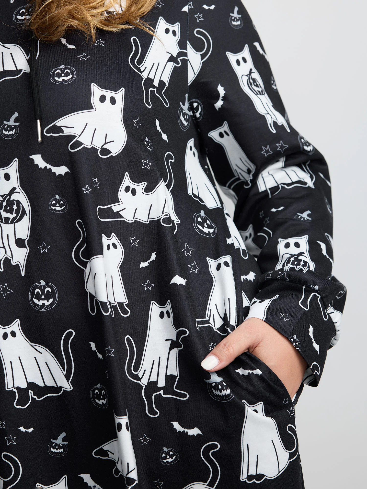 Pumpkin Cat Print Hooded Midi Lounge Dress - Image 12