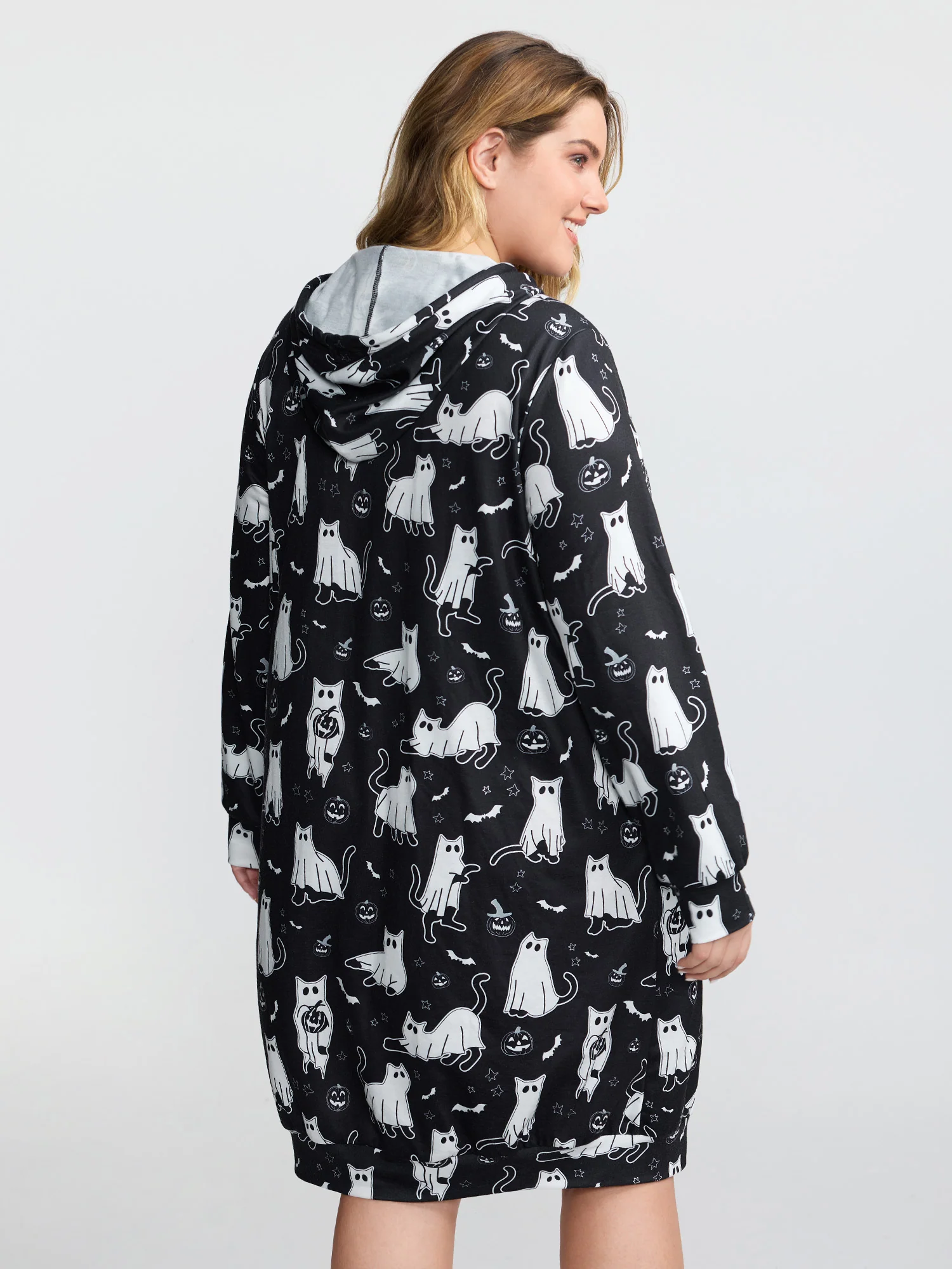 Pumpkin Cat Print Hooded Midi Lounge Dress - Image 13