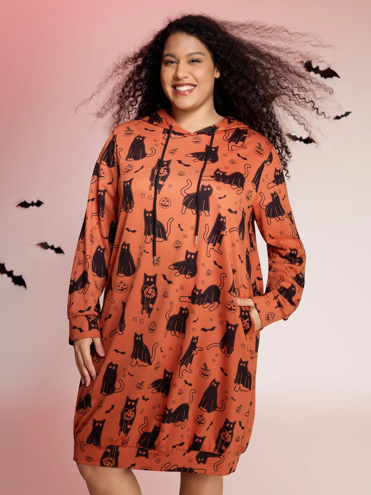 Pumpkin Cat Print Hooded Midi Lounge Dress - Image 14