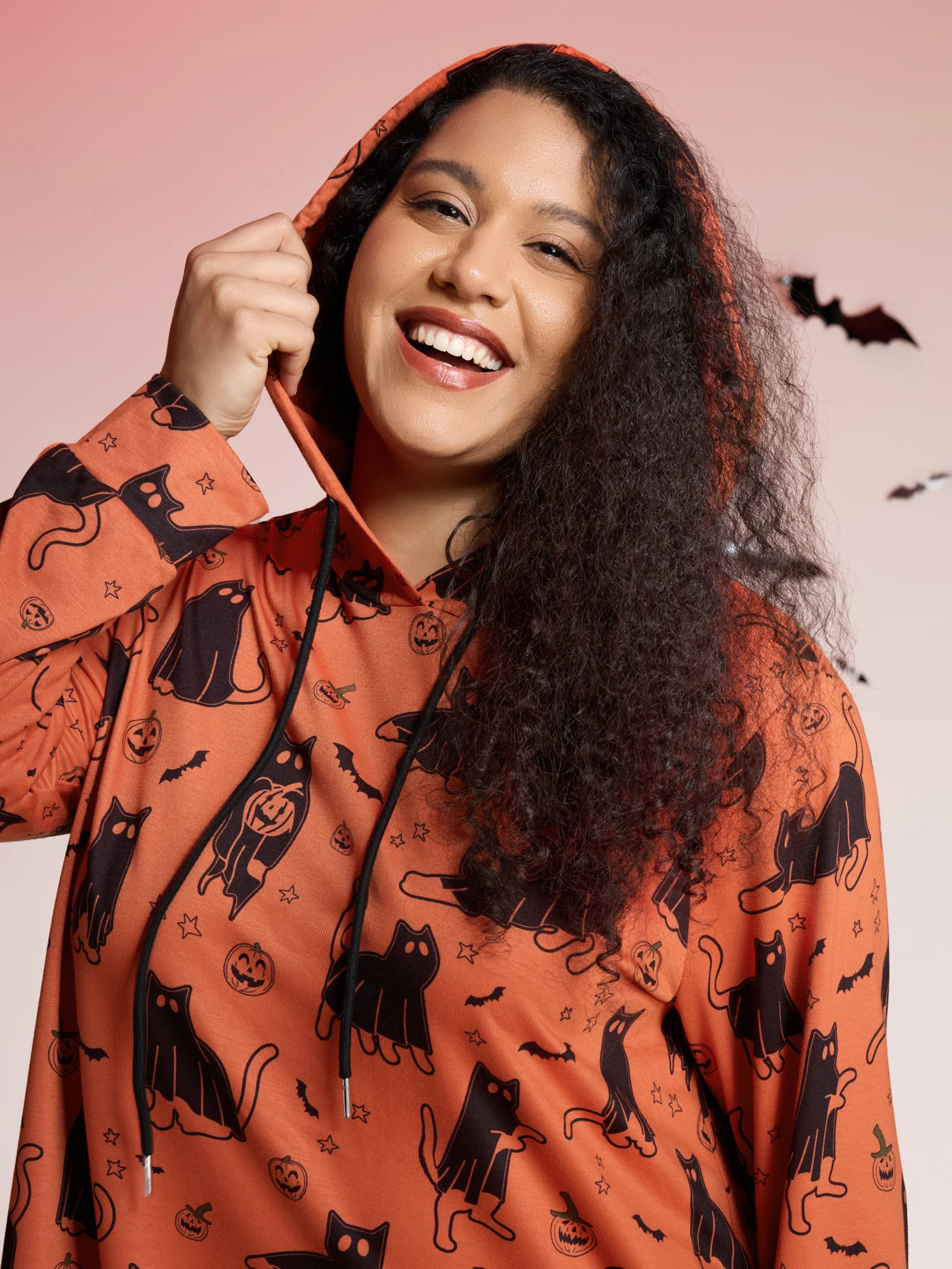 Pumpkin Cat Print Hooded Midi Lounge Dress - Image 15