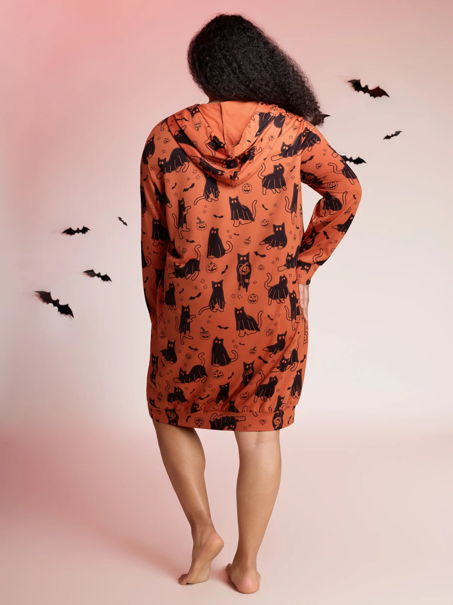 Pumpkin Cat Print Hooded Midi Lounge Dress - Image 17