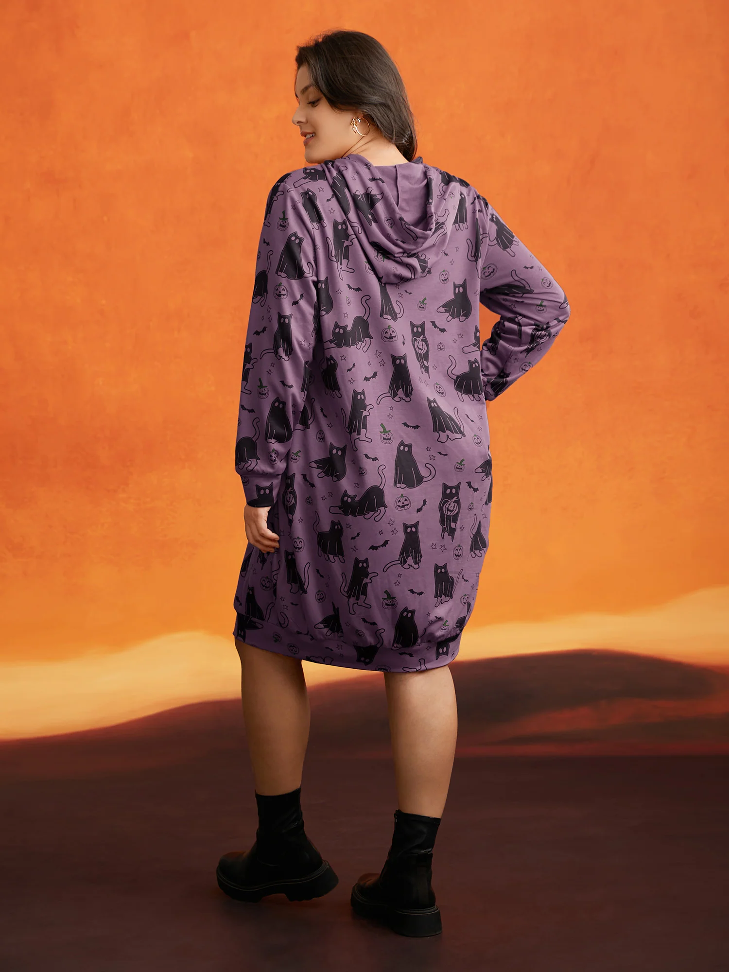 Pumpkin Cat Print Hooded Midi Lounge Dress - Image 3