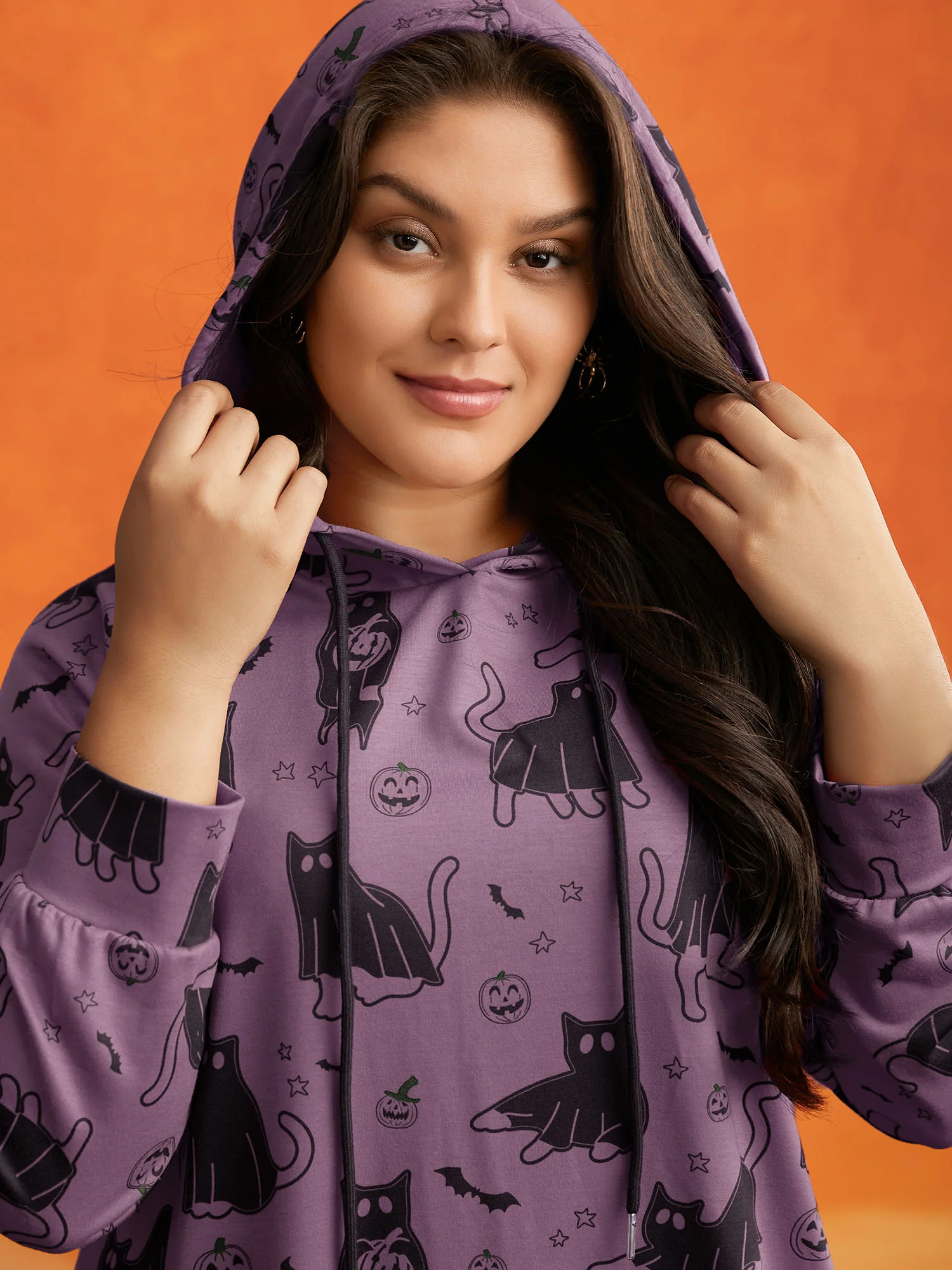 Pumpkin Cat Print Hooded Midi Lounge Dress - Image 4