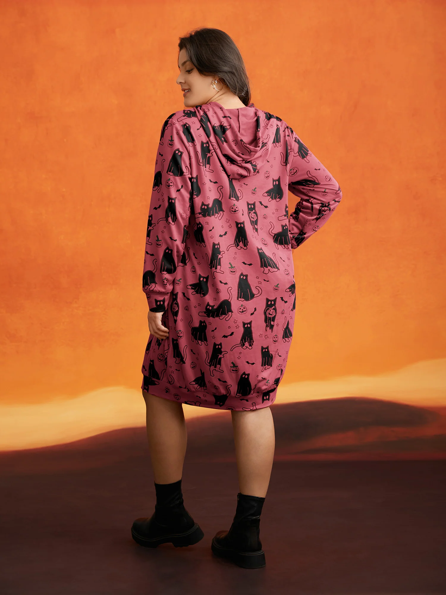 Pumpkin Cat Print Hooded Midi Lounge Dress - Image 7