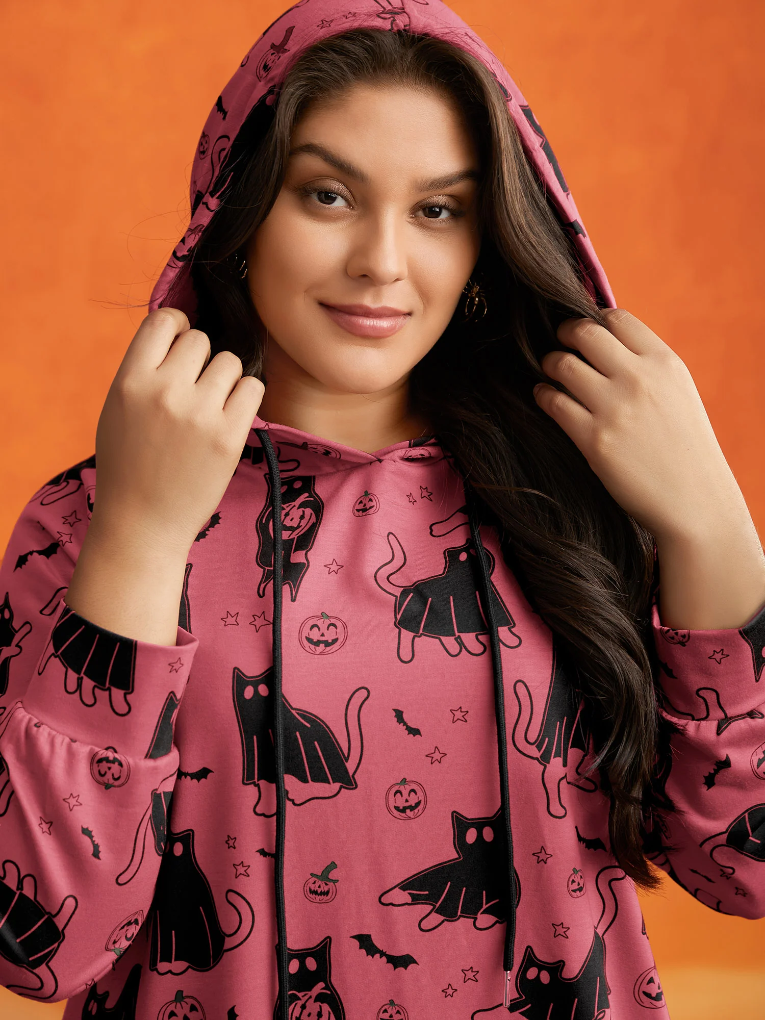 Pumpkin Cat Print Hooded Midi Lounge Dress - Image 8