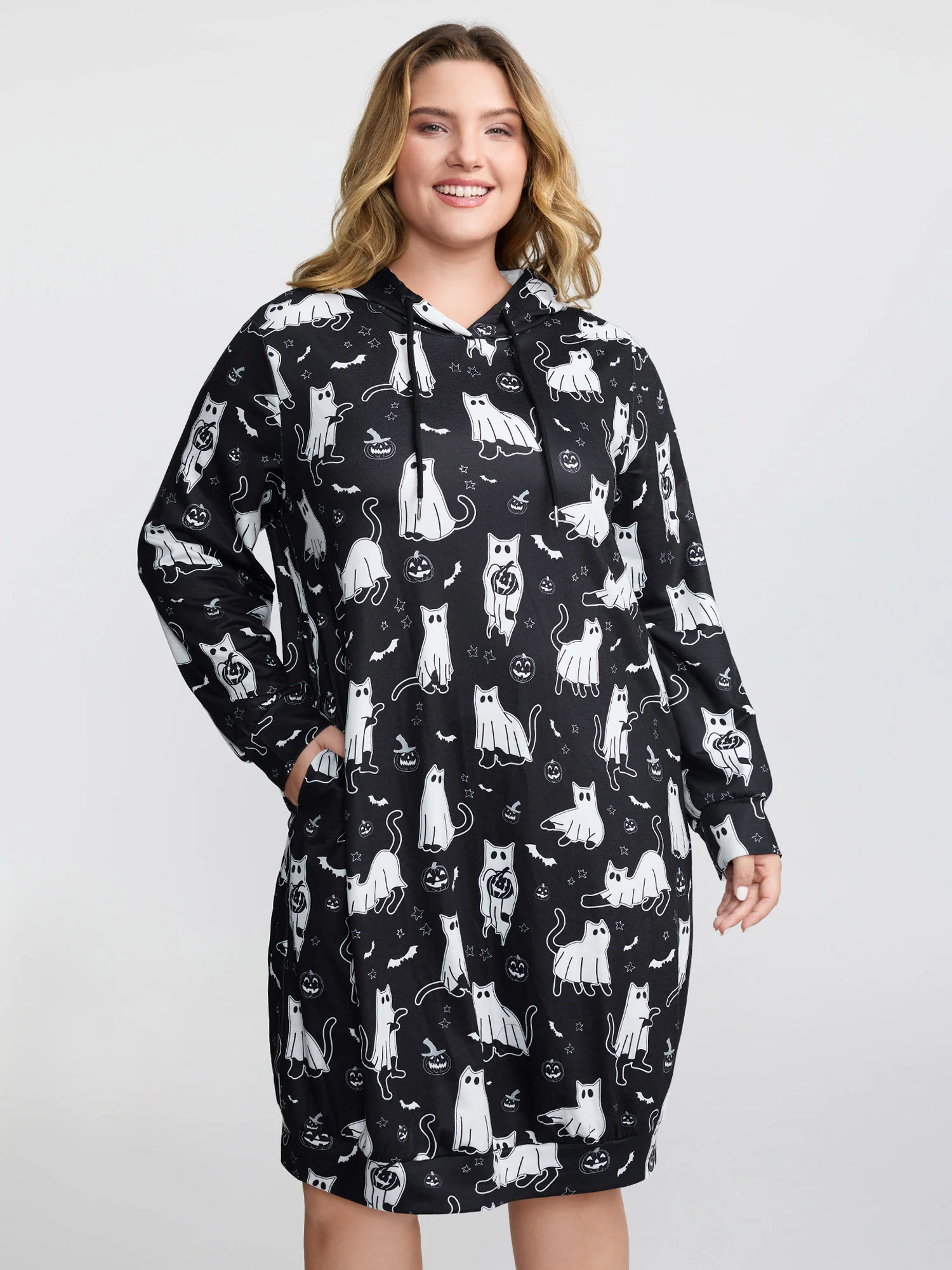 Pumpkin Cat Print Hooded Midi Lounge Dress - Image 9