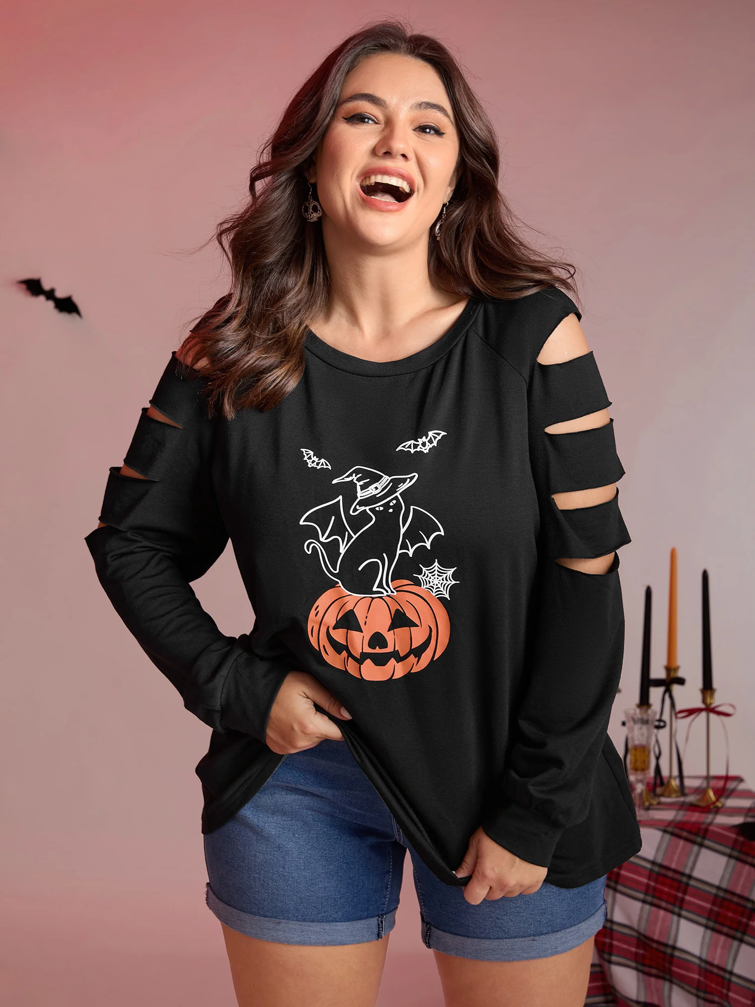 Pumpkin Cat Shoulder Laser Cut-Out Sweatshirt - Image 2