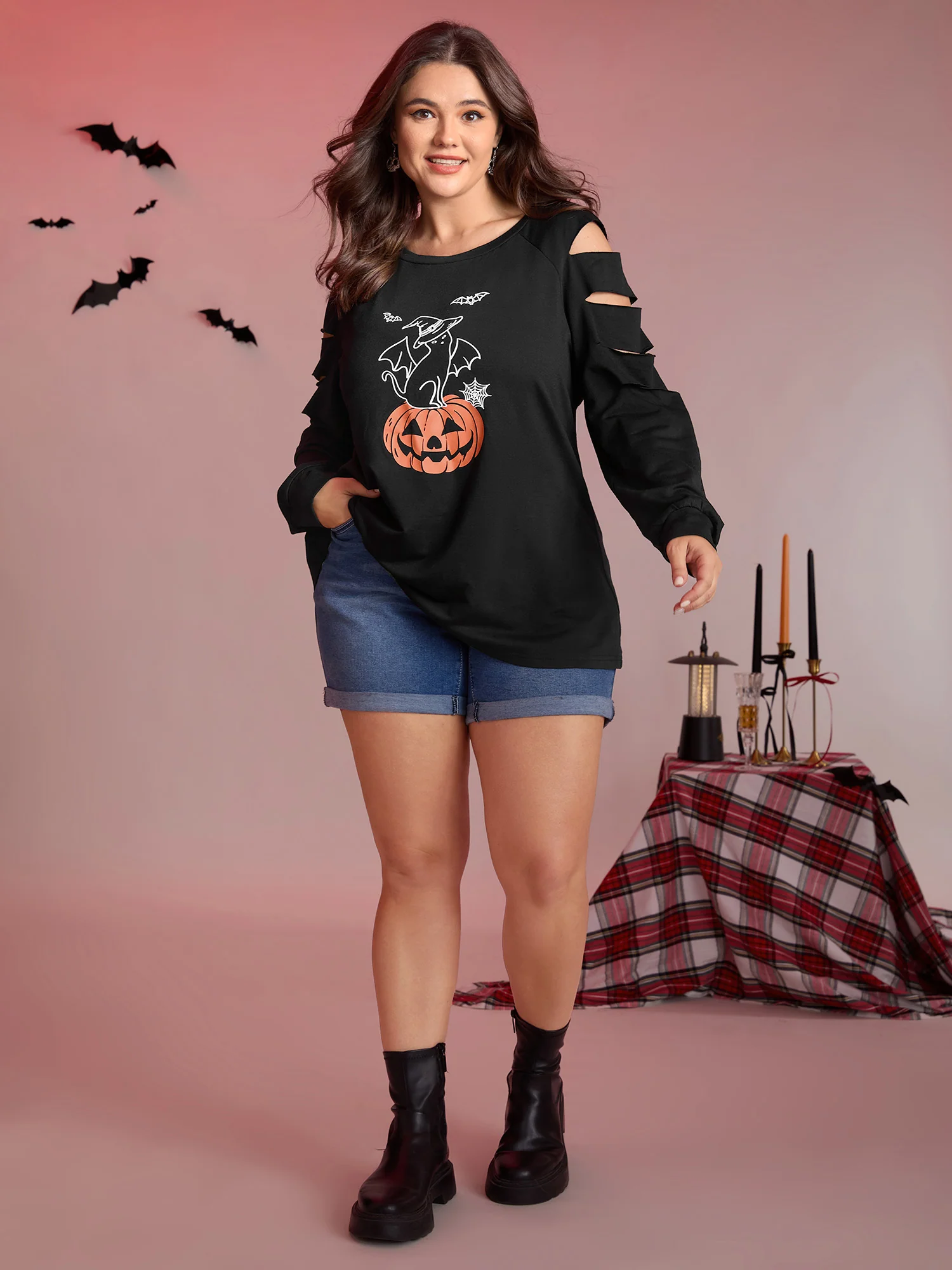 Pumpkin Cat Shoulder Laser Cut-Out Sweatshirt - Image 3