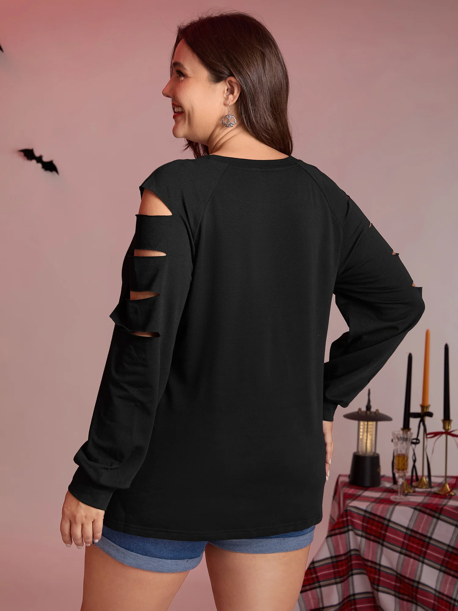 Pumpkin Cat Shoulder Laser Cut-Out Sweatshirt - Image 4