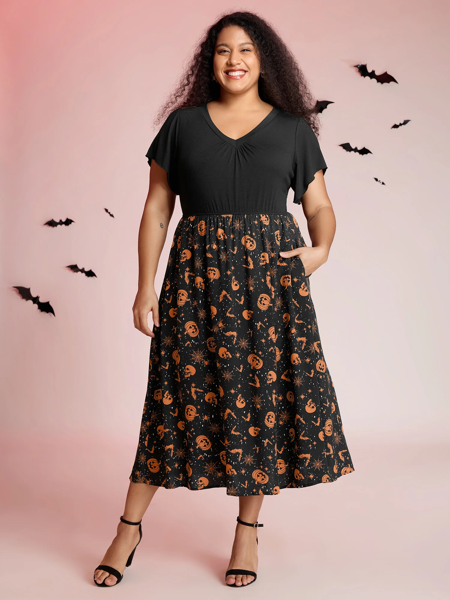 Pumpkin Contrast Print Pockets Maxi Dress - Image 3