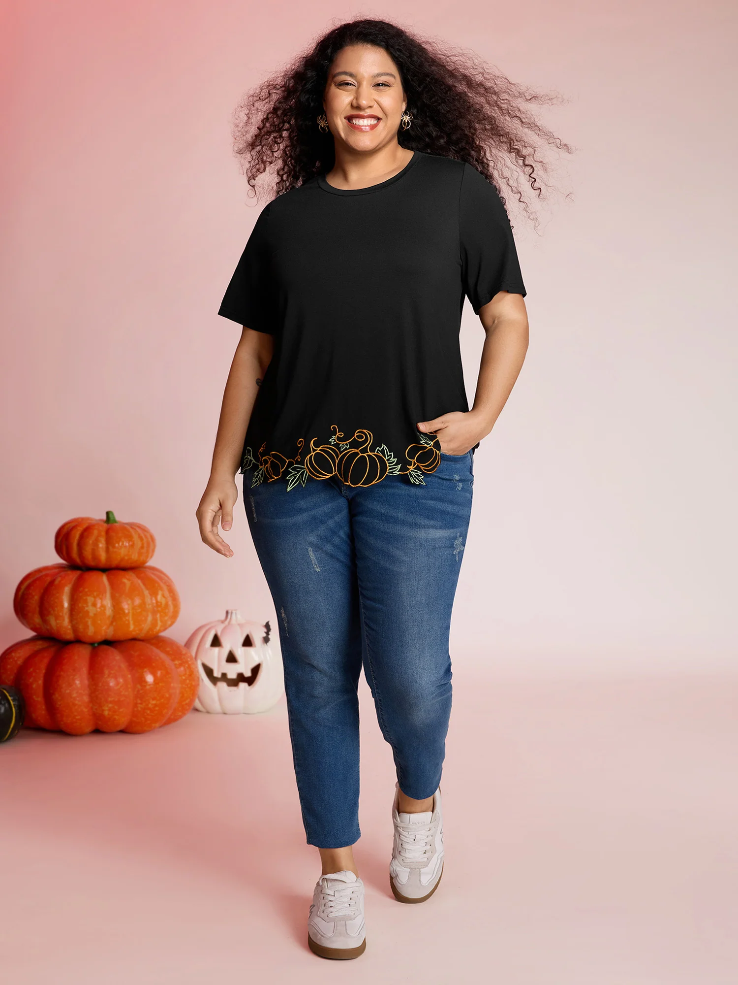 Pumpkin Embroidered Hem Solid T-Shirt - Image 3