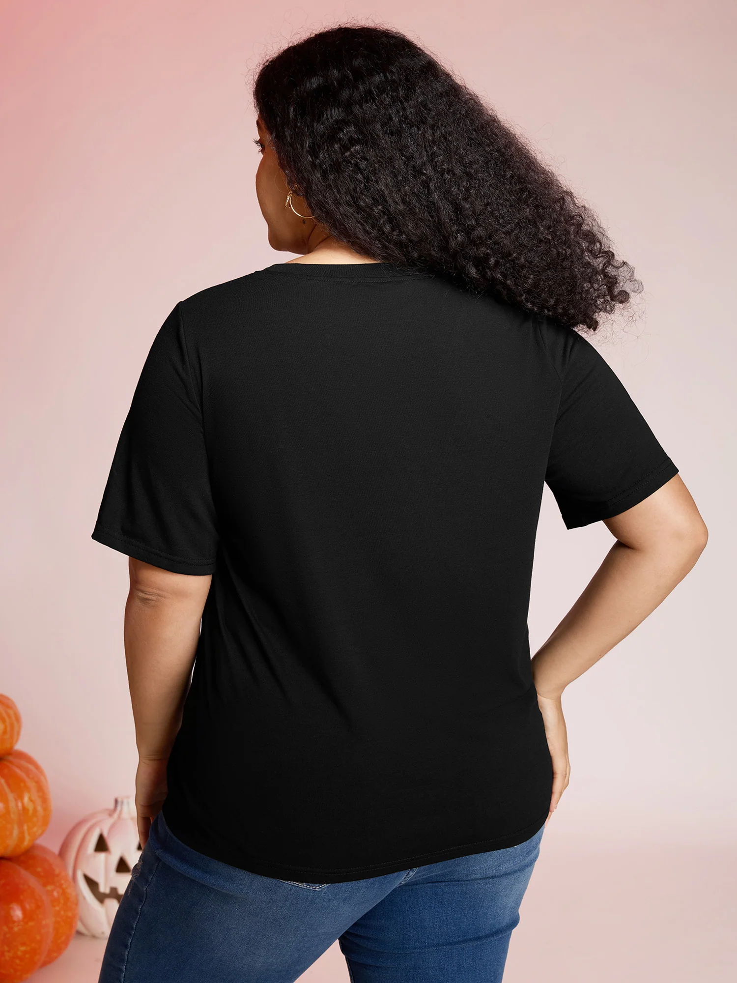 Pumpkin Embroidered Hem Solid T-Shirt - Image 4