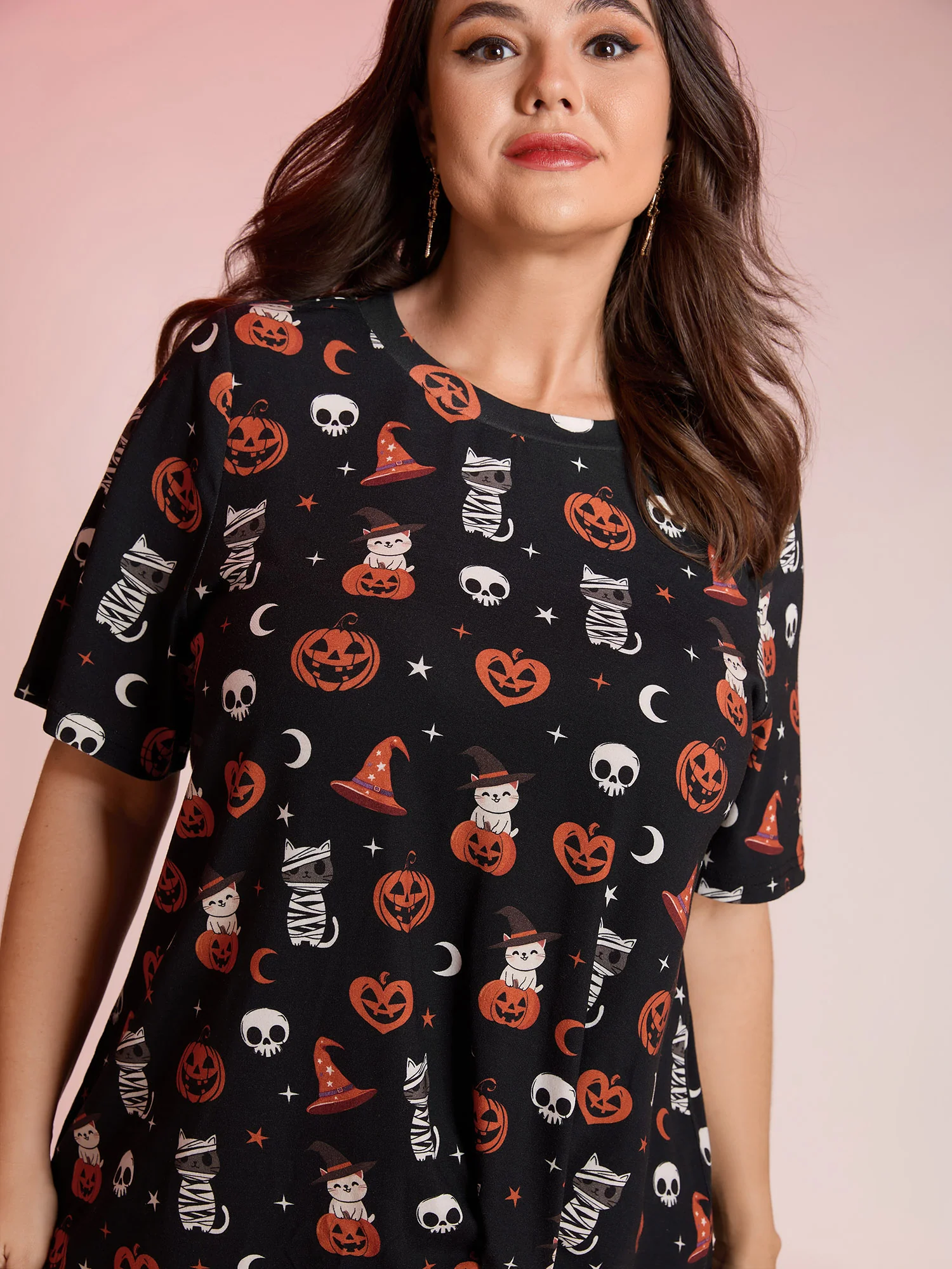 Pumpkin Everywhere Print Overlap Hem T-Shirt - Image 2