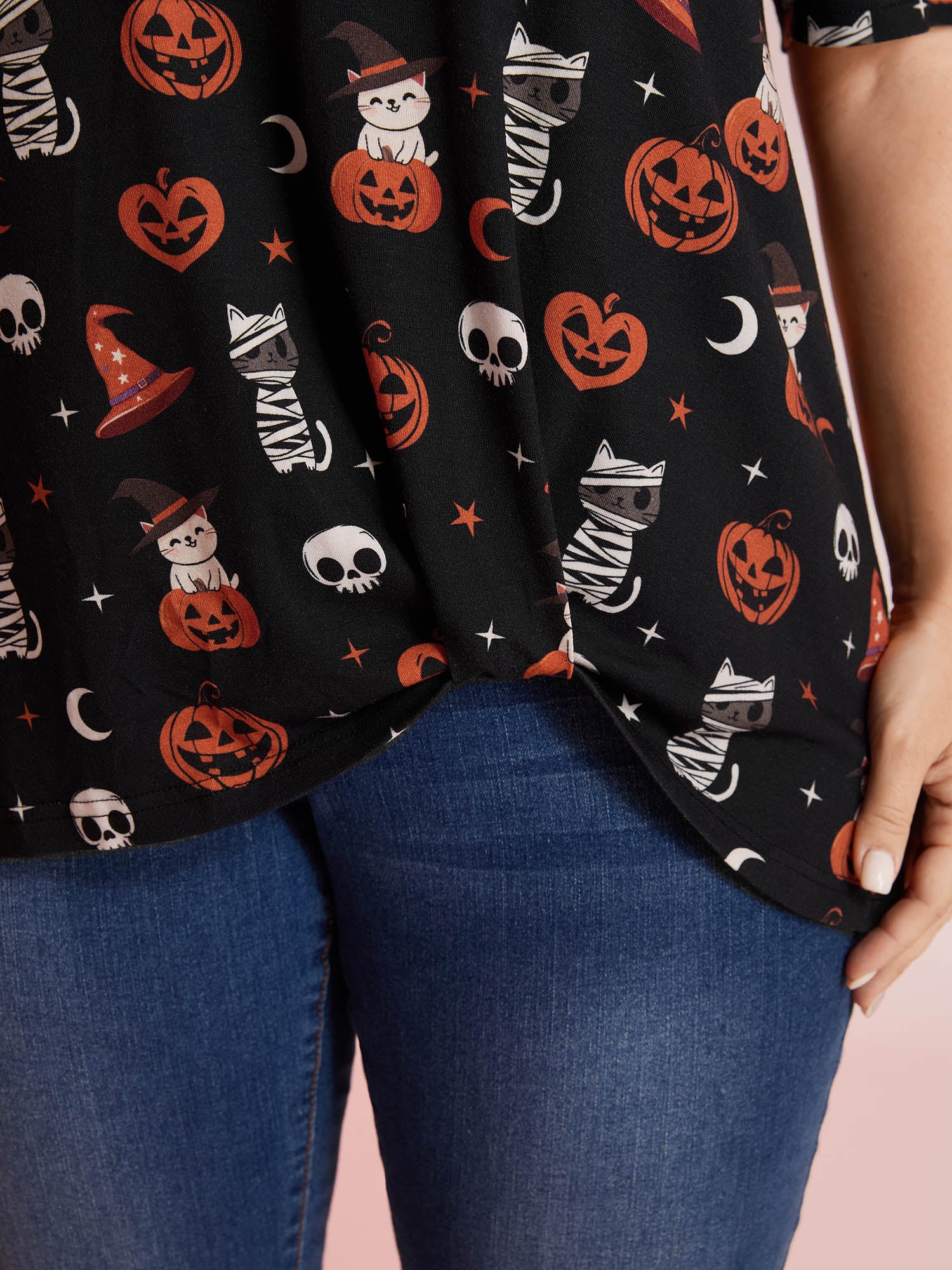 Pumpkin Everywhere Print Overlap Hem T-Shirt - Image 3