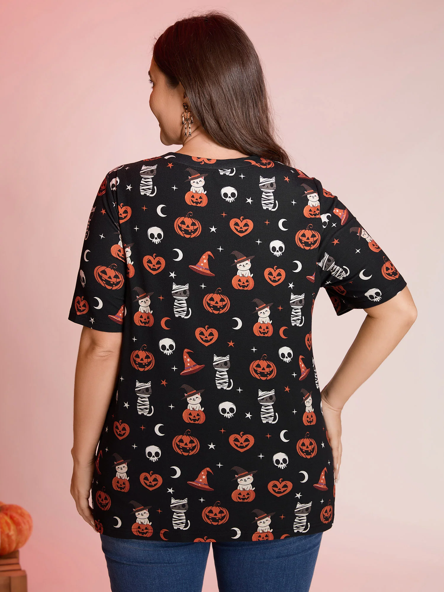 Pumpkin Everywhere Print Overlap Hem T-Shirt - Image 4